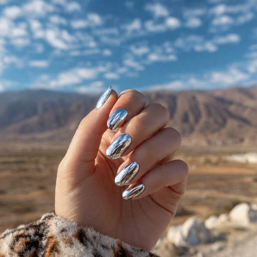 attractive chrome glazed short nails with outdoor 1 1