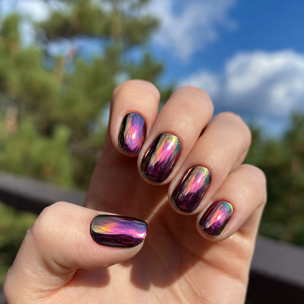 attractive chrome glazed short nails with outdoor 1 4
