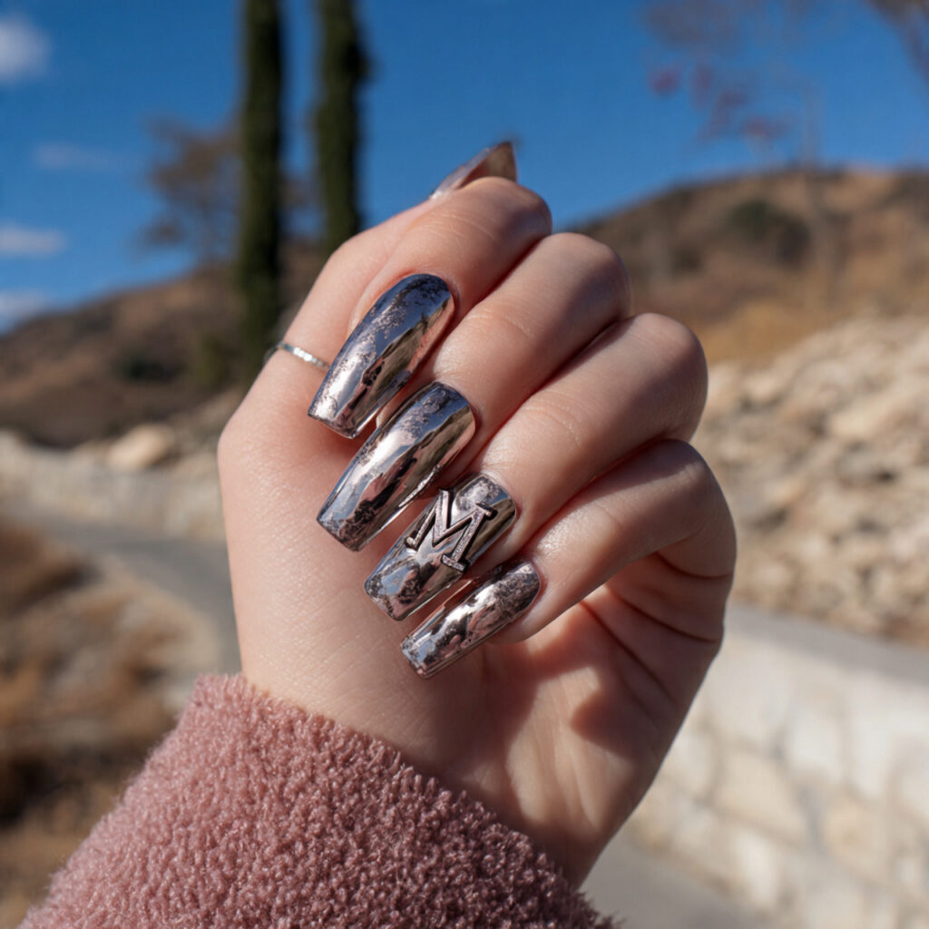 Nail Inspo with Initial: Personal, Pretty & Totally Your Vibe 5 attractive chrome nails with initial detail with o