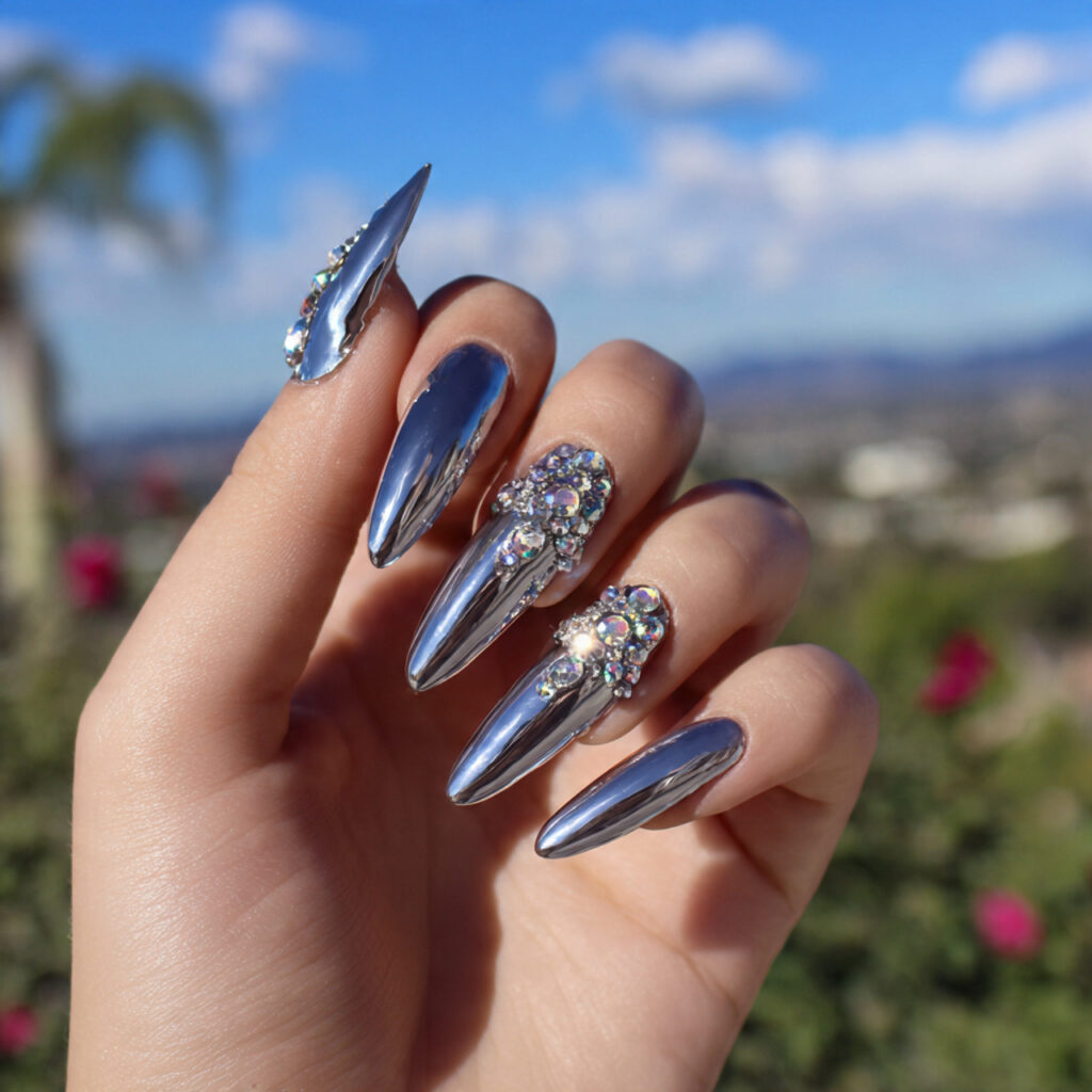 Nail Inspo Chrome: Glossy, Glazed & Next-Level Aesthetic Looks 9 attractive chrome nails with rhinestones with outd