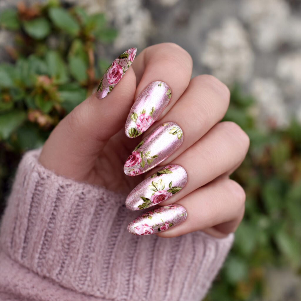 Pink Flower Nails: 14 Dreamy Designs You’ll Want to Save 6 attractive chrome pink floral nails with outdoor b