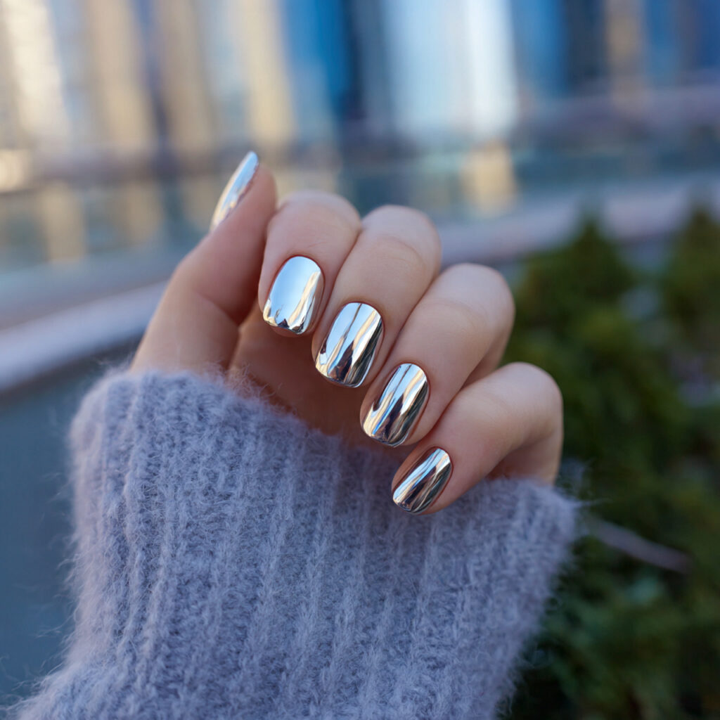 attractive chrome short square nails with outdoor