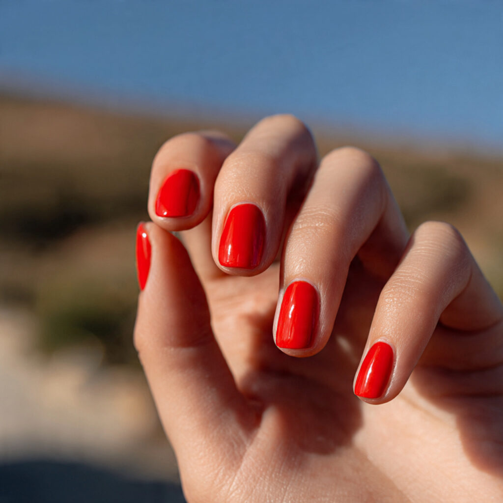 Short Nails Color: Cute, Glossy & Effortlessly Aesthetic Shades 10 attractive classic red short nails with outdoor ba 1