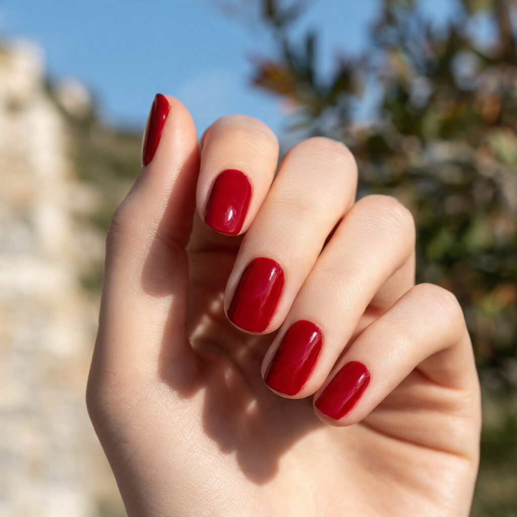 Nail Ideas for Short Nails: Cute, Aesthetic & Effortlessly Pretty Looks 12 attractive classic red short nails with outdoor ba