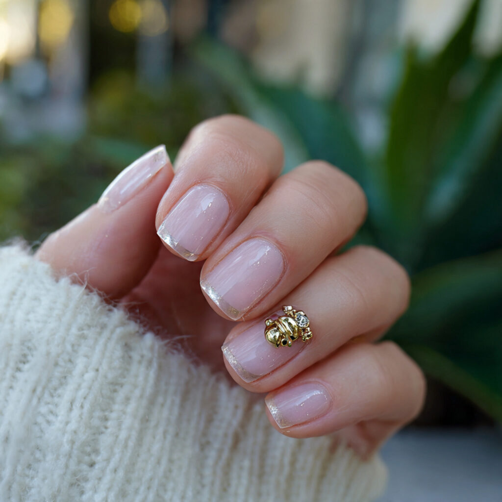 attractive clear gloss short nails with gold charm