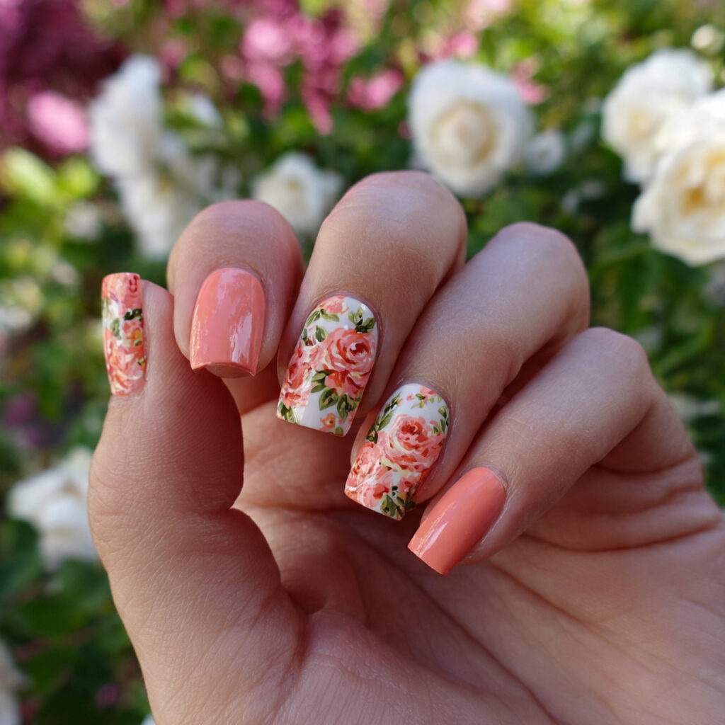 attractive coral blooming floral nails with outdoo