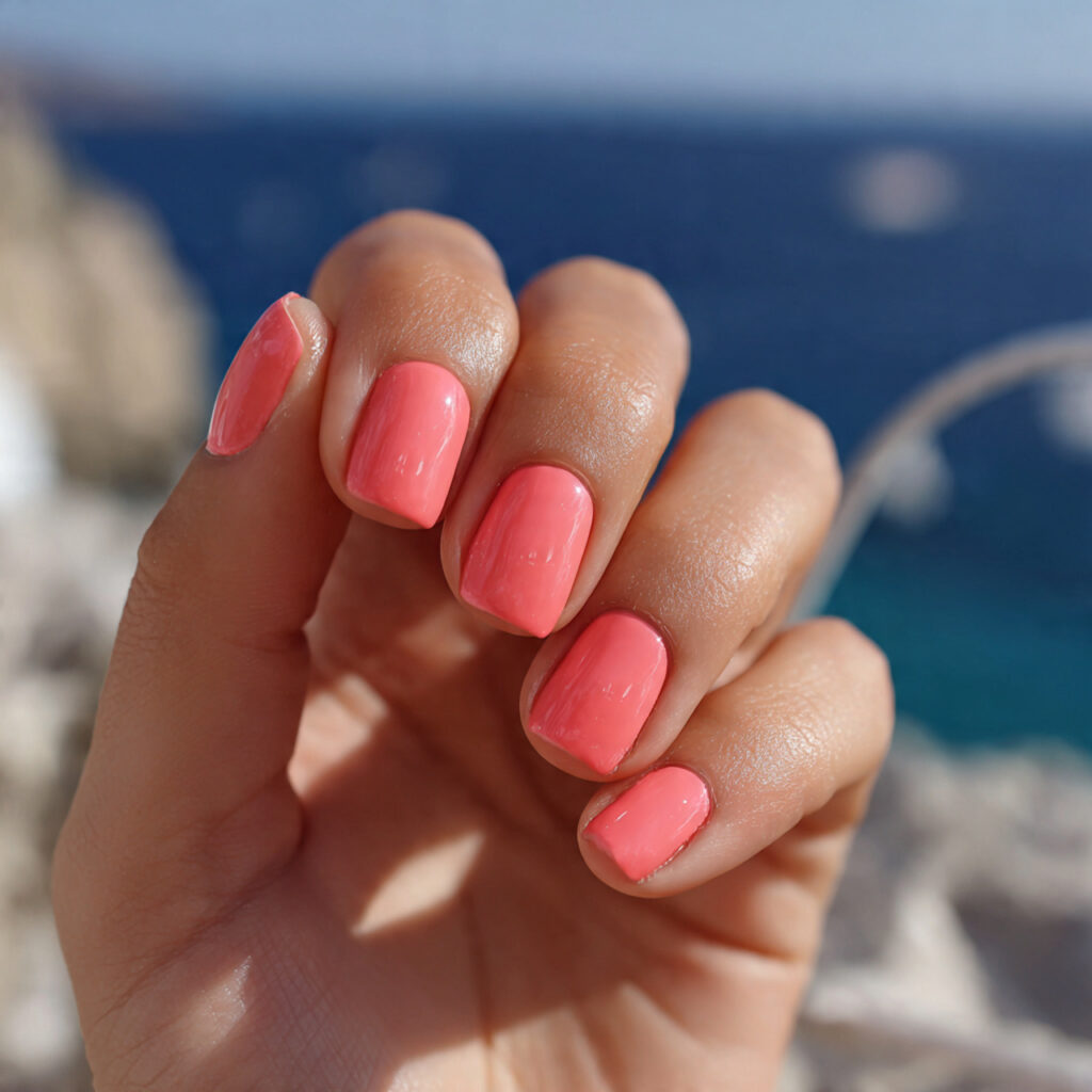 Short Nails Spring: Fresh, Soft & Effortlessly Pretty Ideas 10 attractive coral pink short nails with outdoor bac