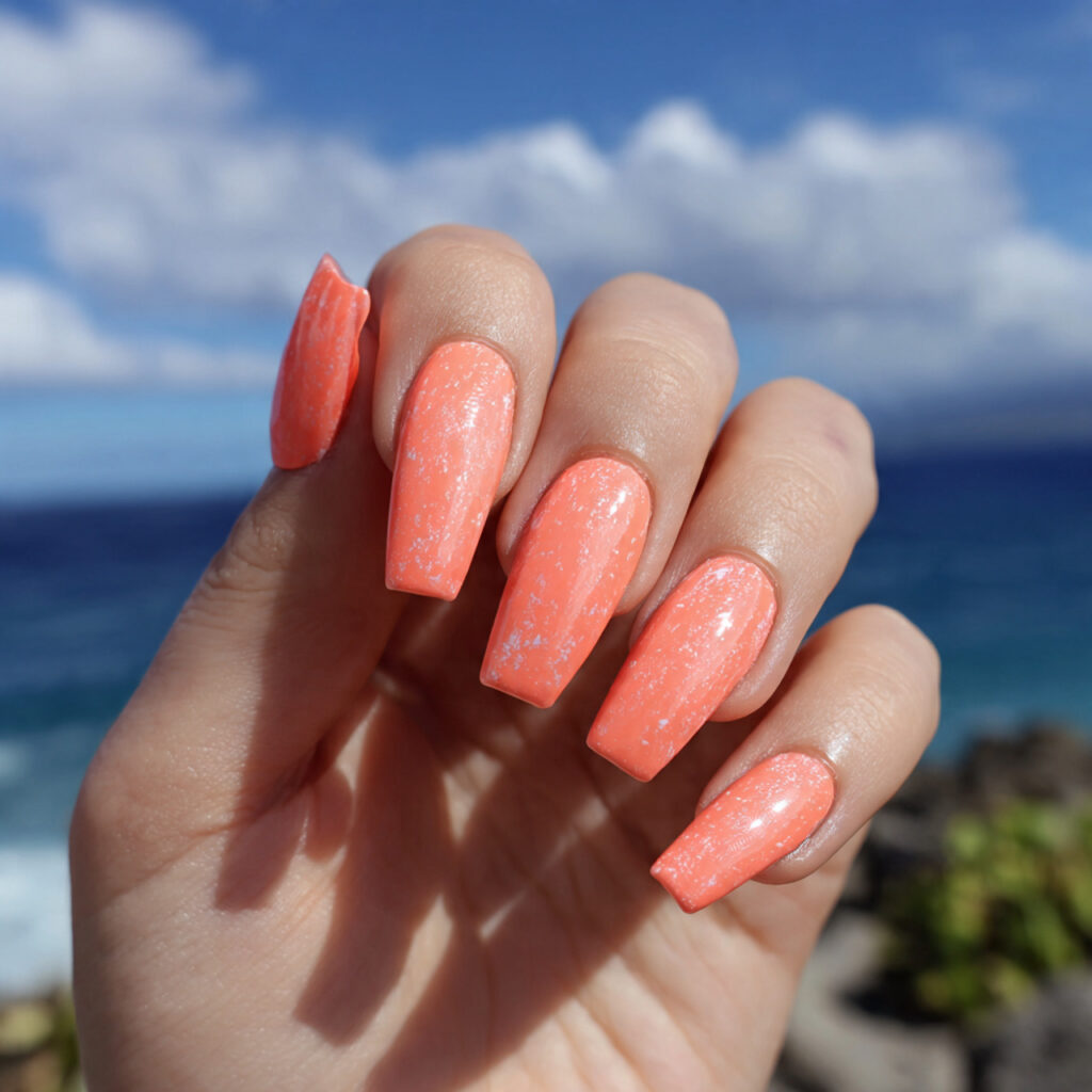 Short Coffin Nails Designs: Chic, Cute & Totally Addictive Ideas 8 attractive coral pop coffin nails with outdoor bac