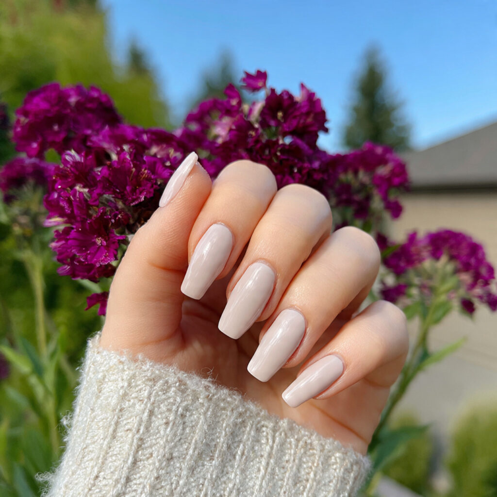 Short Coffin Nails Designs: Chic, Cute & Totally Addictive Ideas 10 attractive creamy beige coffin nails with outdoor