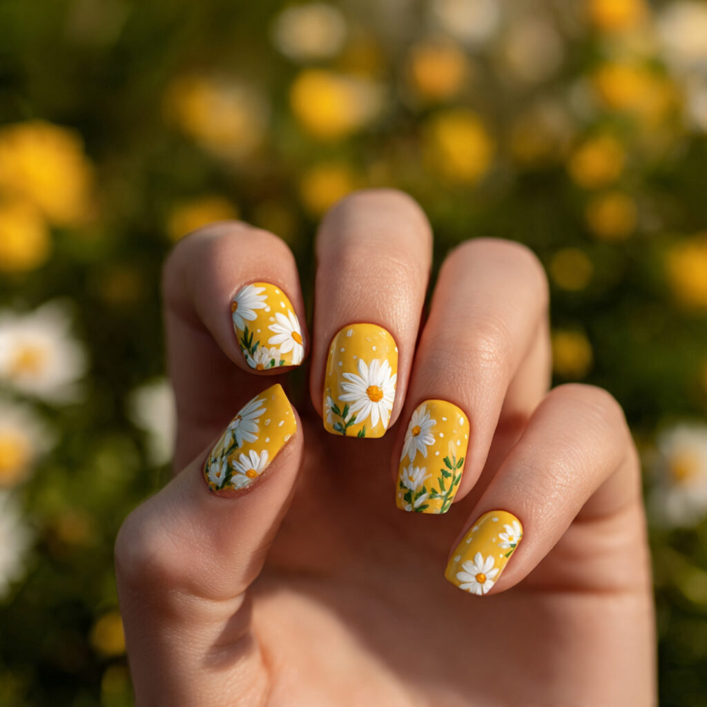 Short Nails Spring: Fresh, Soft & Effortlessly Pretty Ideas 2 attractive daisy accent short nails with outdoor b