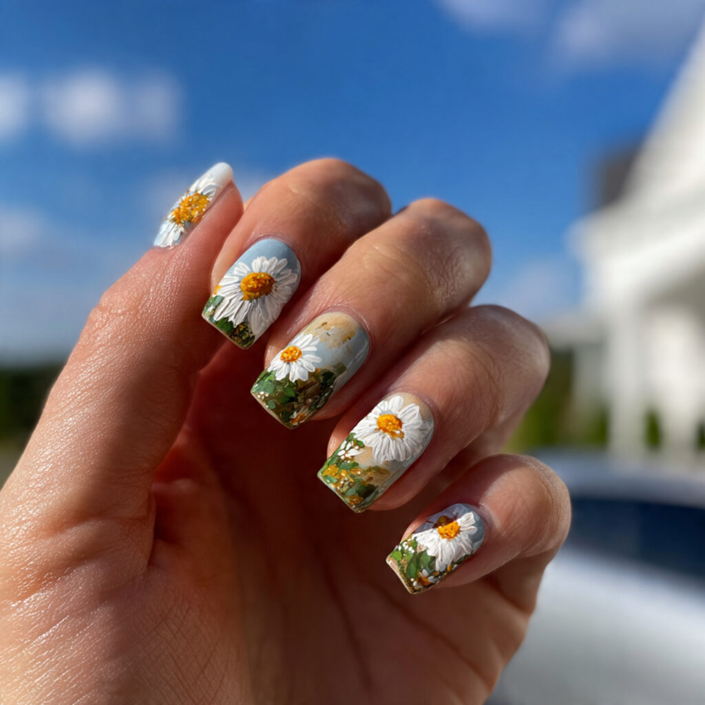 Coffin Nails Short: 14 Cute & Trendy Designs You’ll Want to Try 3 attractive daisy detail coffin short nails with ou
