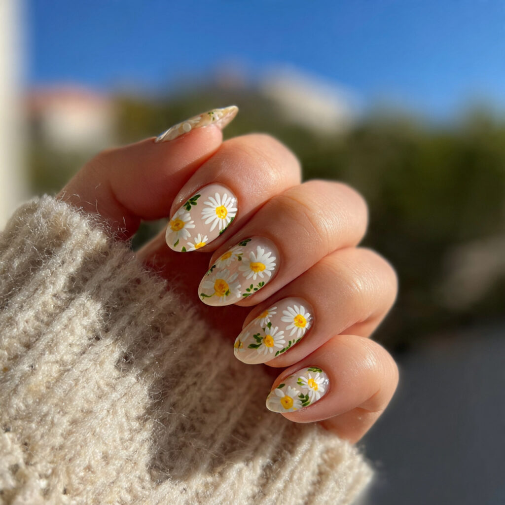 Short Nails Oval: 14 Soft & Aesthetic Designs You’ll Love 3 attractive daisy detail oval short nails with outd