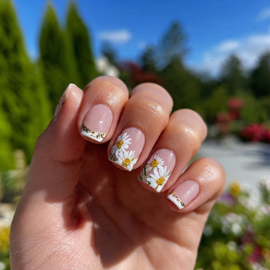attractive daisy detail short nails with outdoor b 1