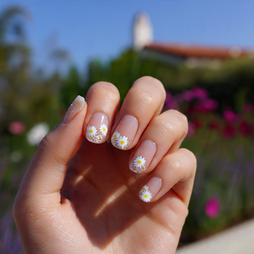 Nail Art for Short Nails: 14 Cute & Aesthetic Ideas You’ll Love 3 attractive daisy detail short nails with outdoor b