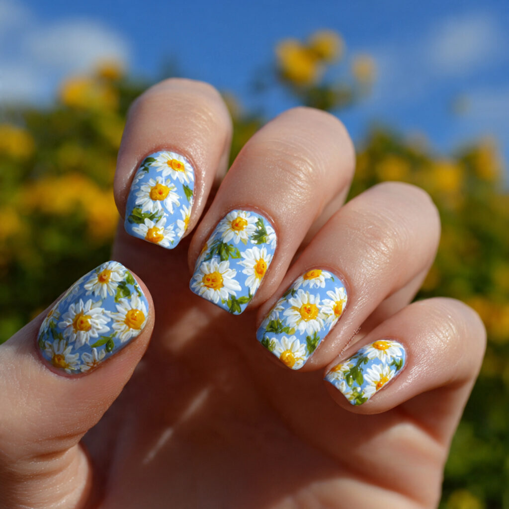 attractive daisy flower nails with outdoor backgro