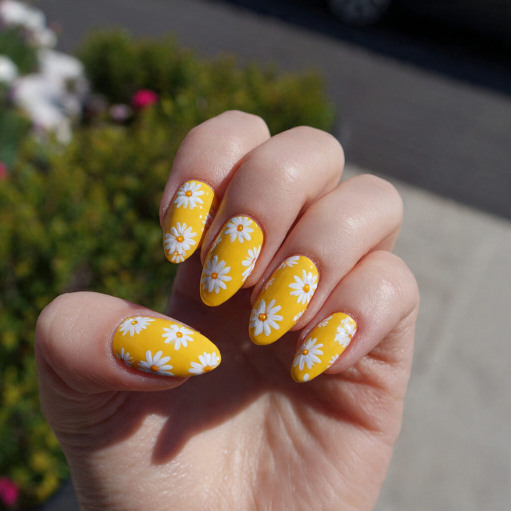 attractive daisy flower pointy short nails with ou
