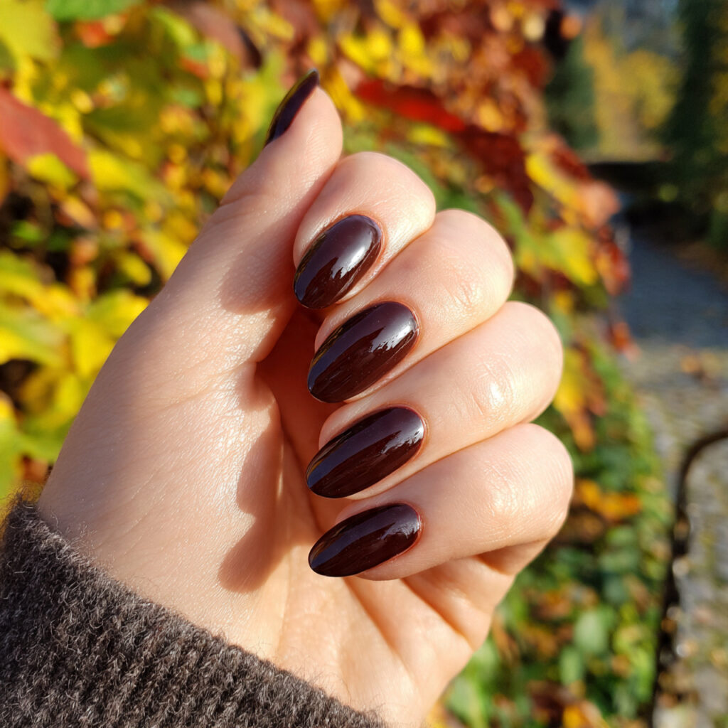 Short Dark Nails: Bold, Chic & Effortlessly Cool 12 attractive dark brown gloss nails with outdoor bac