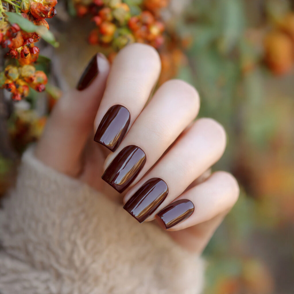 attractive dark chocolate brown nails with outdoor