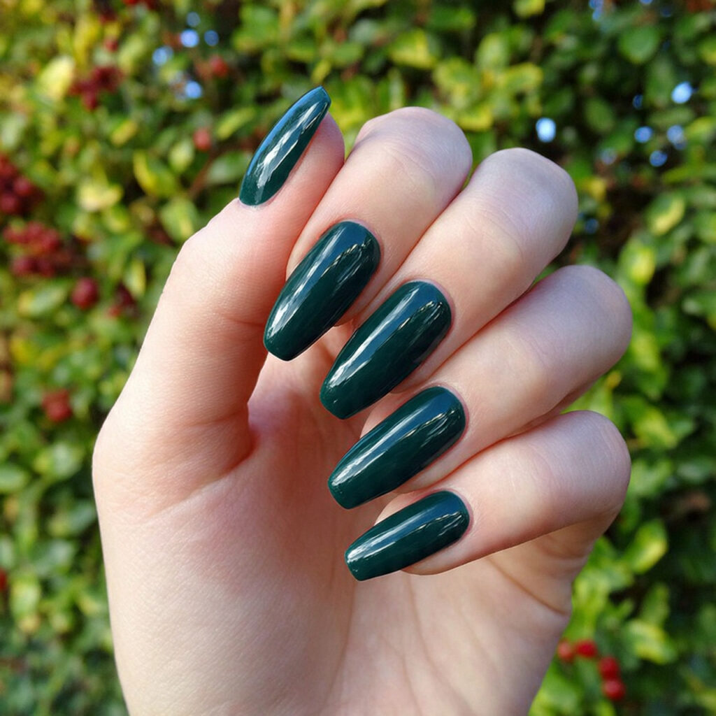 attractive dark green gloss nails with outdoor bac