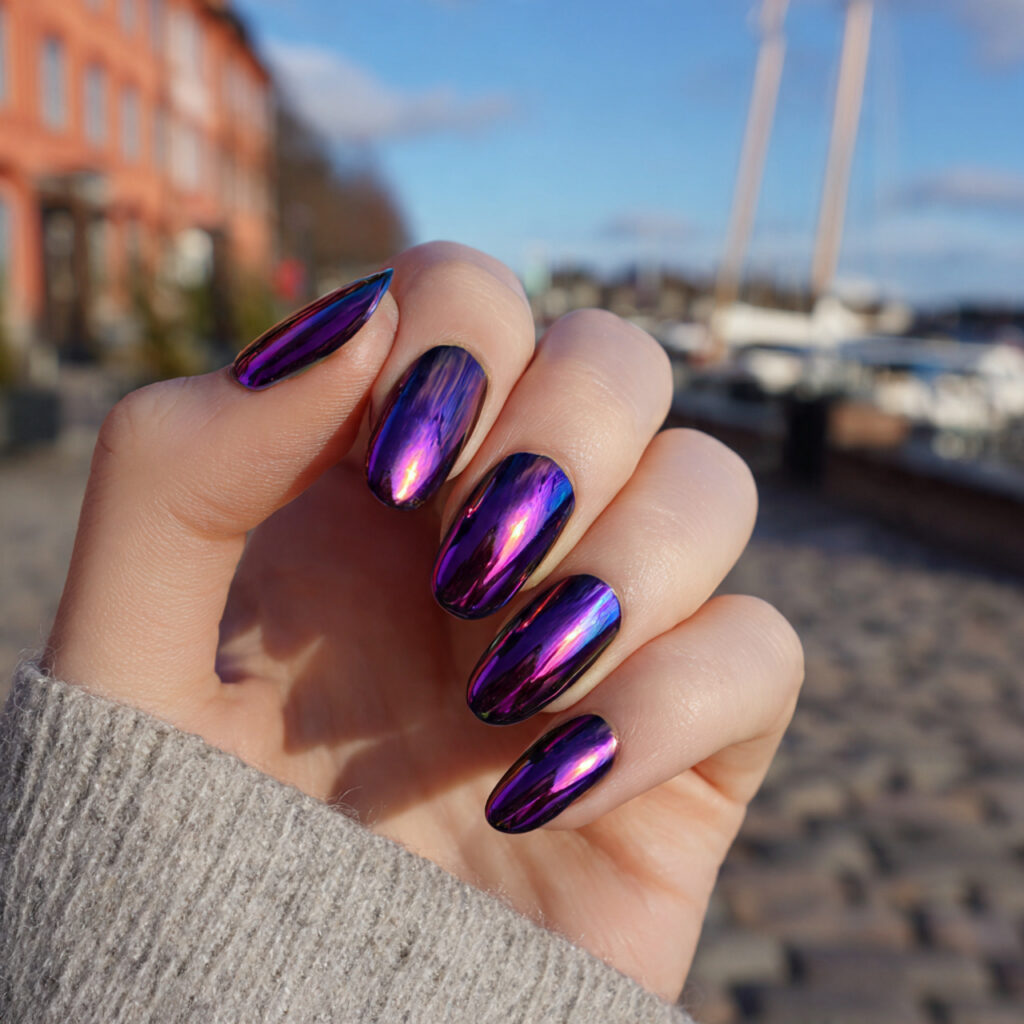 attractive dark purple chrome nails with outdoor b