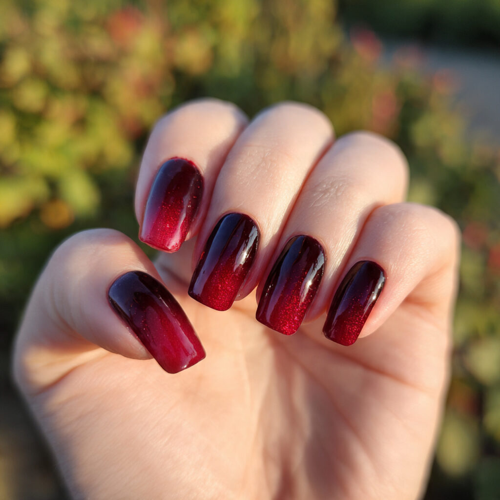 attractive dark red ombre nails with outdoor backg