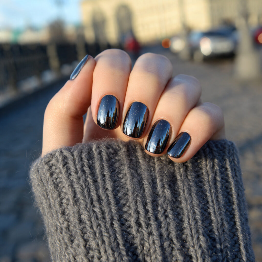 Short Dark Nails: Bold, Chic & Effortlessly Cool 7 attractive dark short nails with chrome detail wit