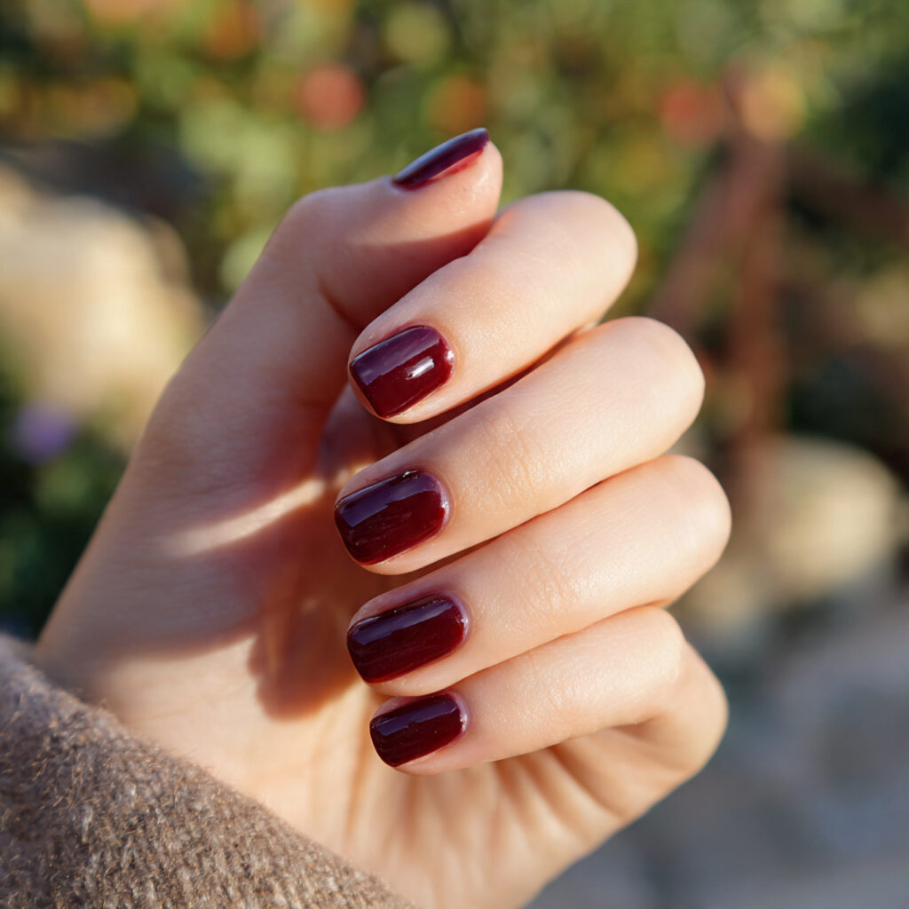 Short Nails Winter: Cozy, Chic & Effortlessly Cute 5 attractive deep burgundy short nails with outdoor 1 1