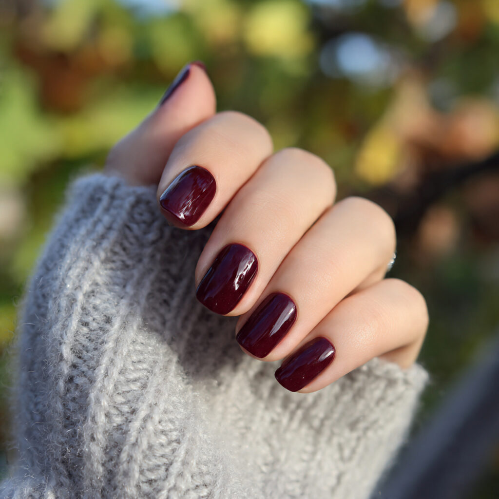Short Dark Nails: Bold, Chic & Effortlessly Cool 2 attractive deep burgundy short nails with outdoor 1