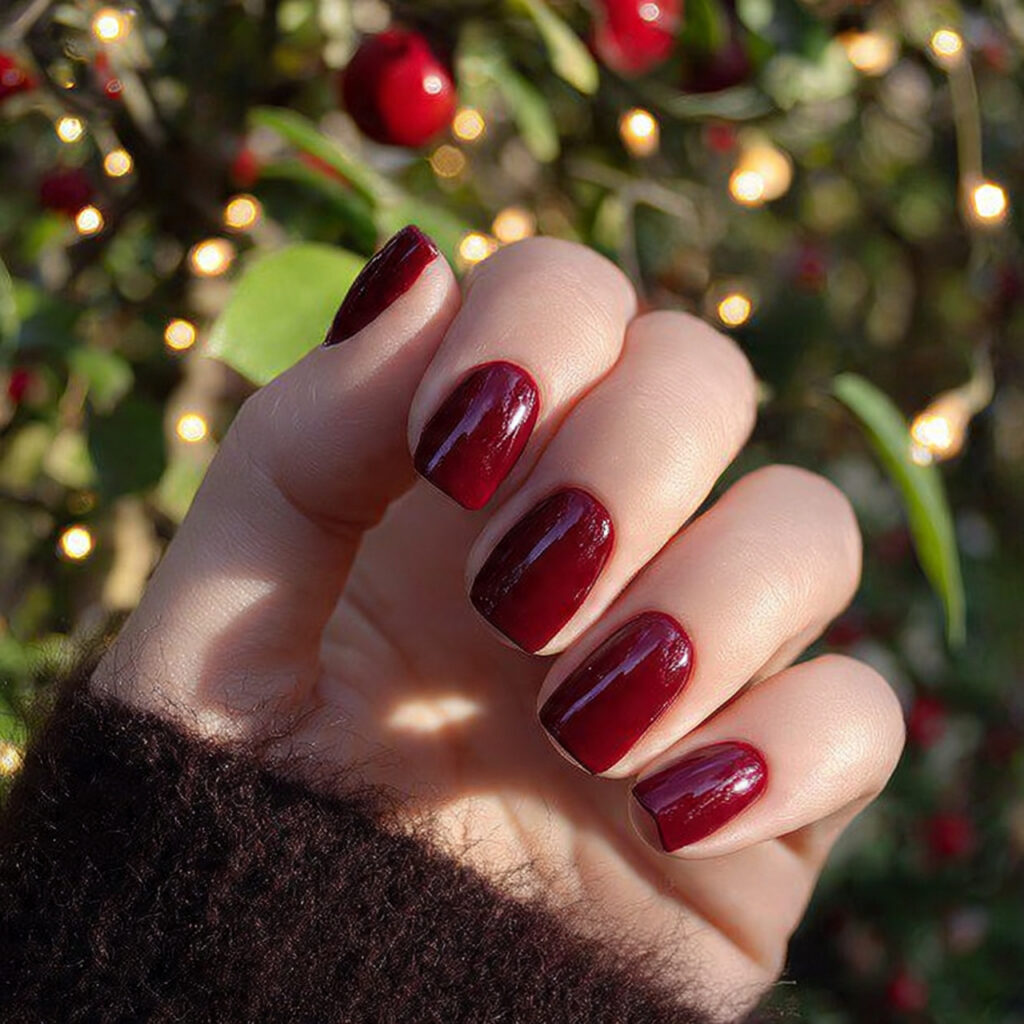 Short Nails Autumn: Cozy, Chic Looks You’ll Fall in Love With 5 attractive deep red short nails with outdoor backg