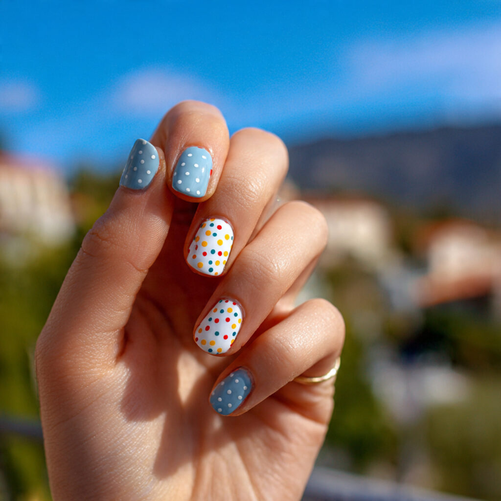 attractive dot accent nails with outdoor backgroun