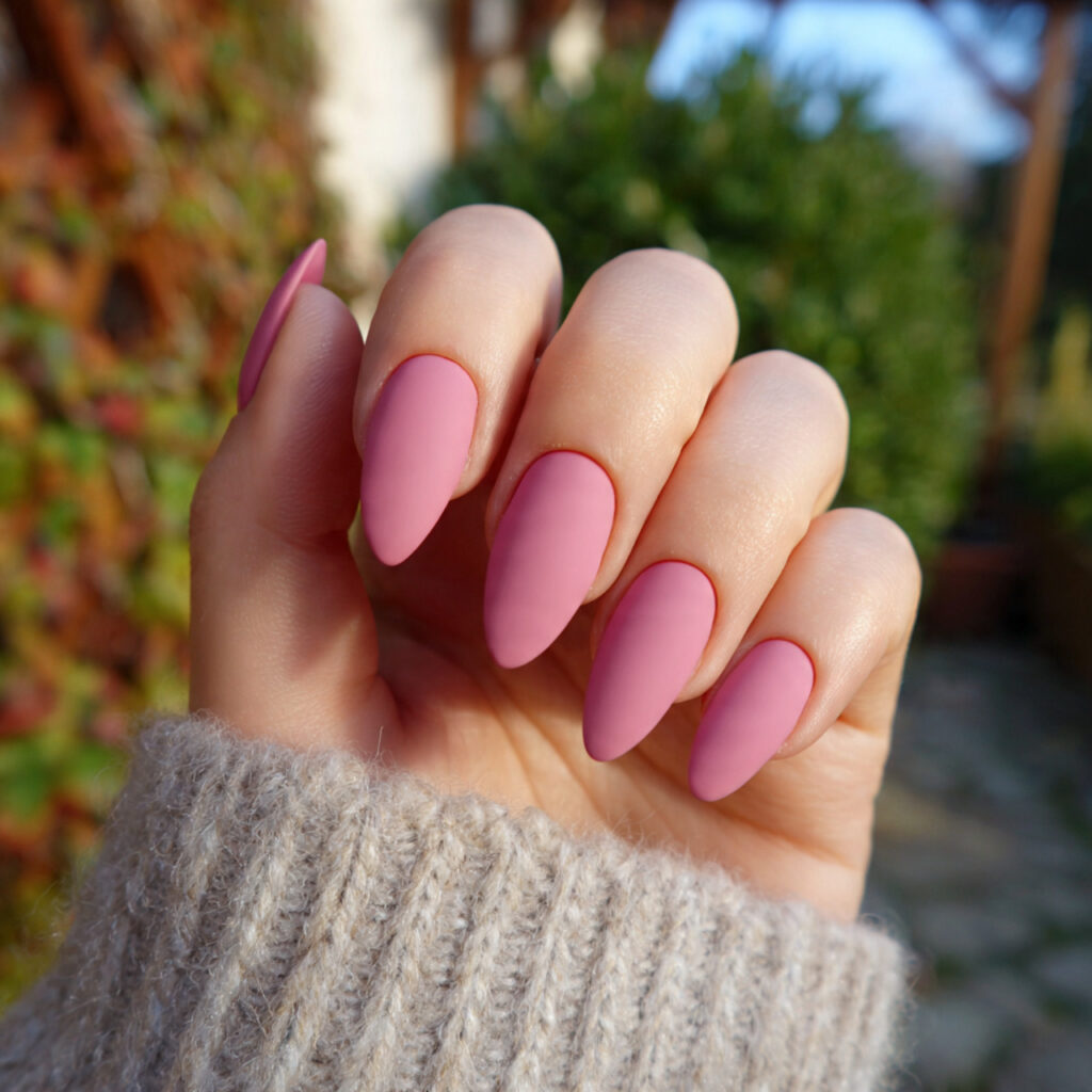 attractive dusty pink matte almond nails with outd