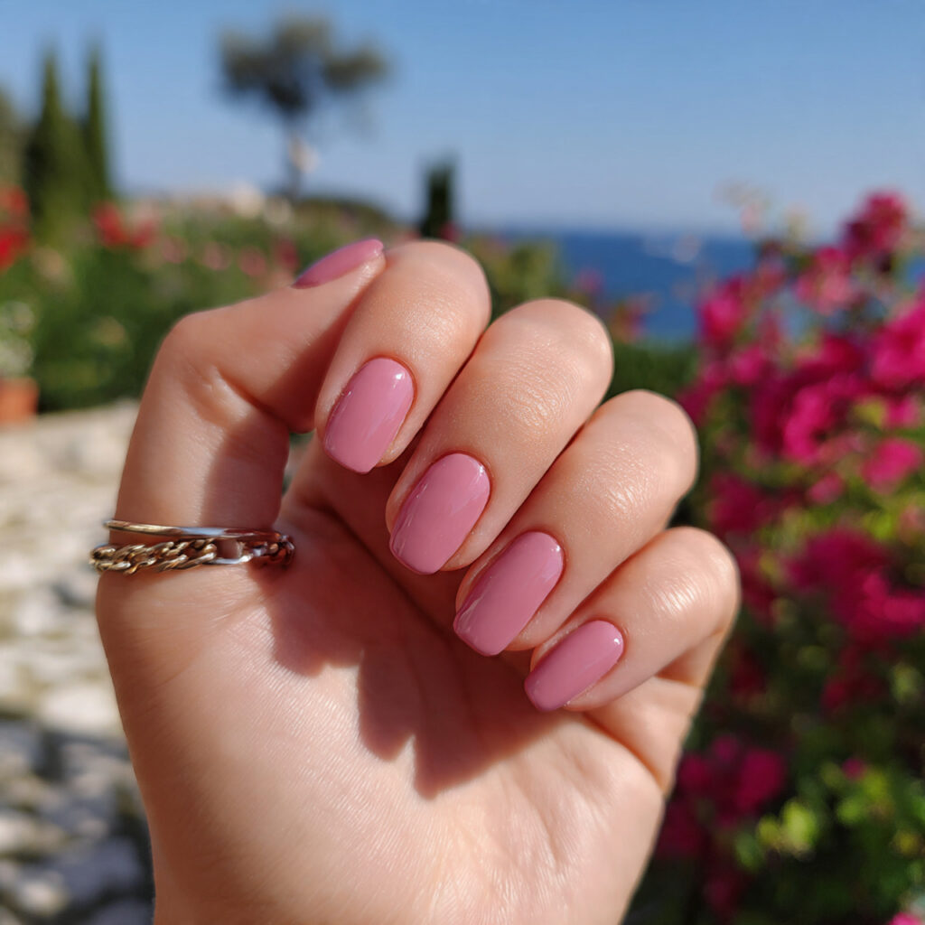 Short Nails Color: Cute, Glossy & Effortlessly Aesthetic Shades 12 attractive dusty rose short nails with outdoor bac