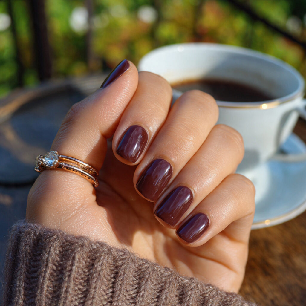 Short Nails Brown: 12 Cozy, Chic & Effortlessly Aesthetic Ideas 6 attractive espresso deep brown short nails with ou
