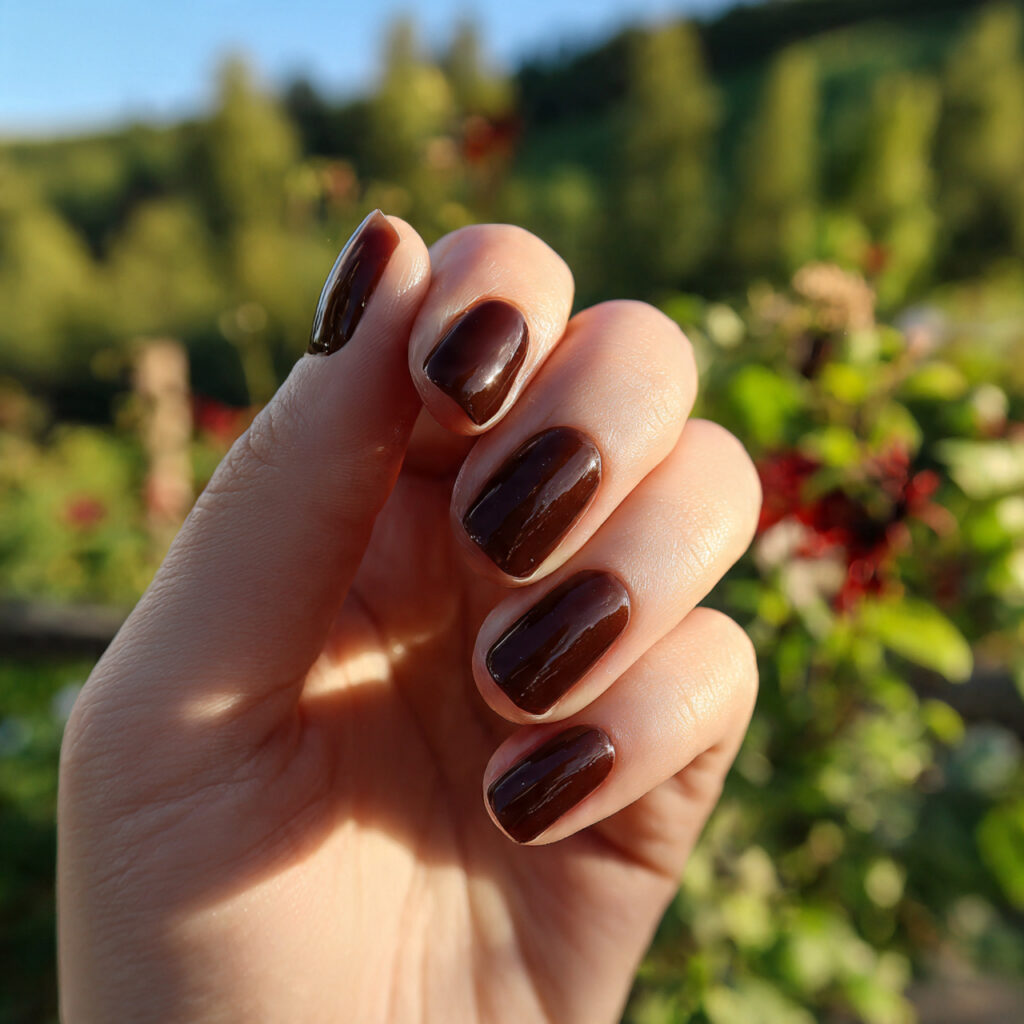 attractive espresso glazed nails with outdoor back
