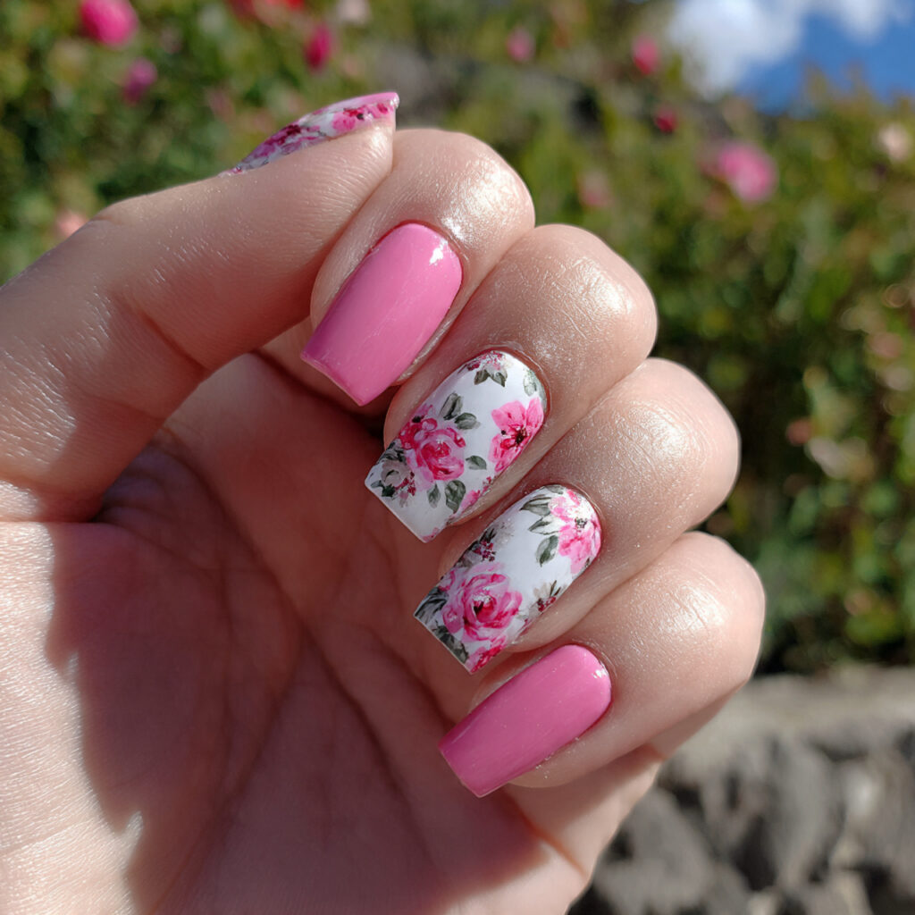 Nail Inspo Aesthetic: 14 Dreamy & Trendy Looks You’ll Want to Save 10 attractive floral accent nails with outdoor backgr 1