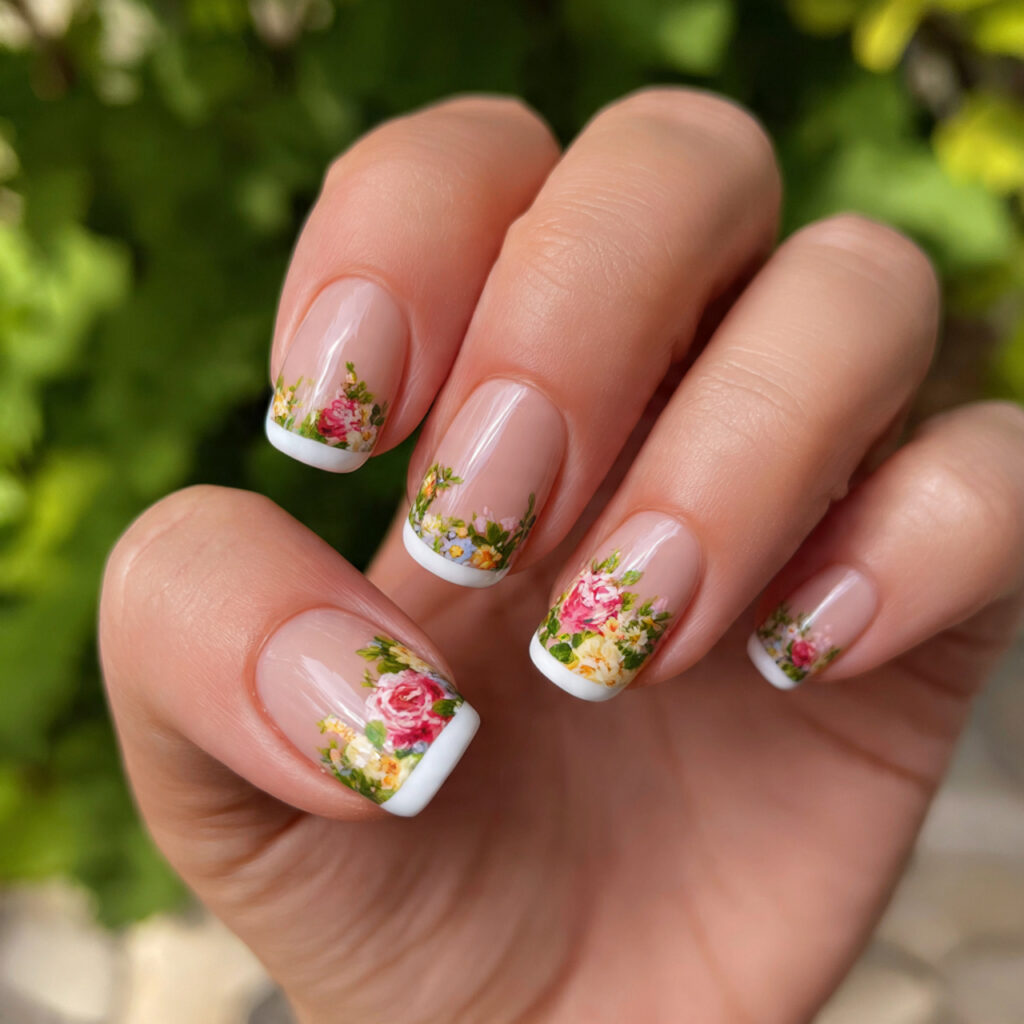 Short Nails French Tip: Clean, Cute & Timelessly Chic 12 attractive floral french tip short nails with outd