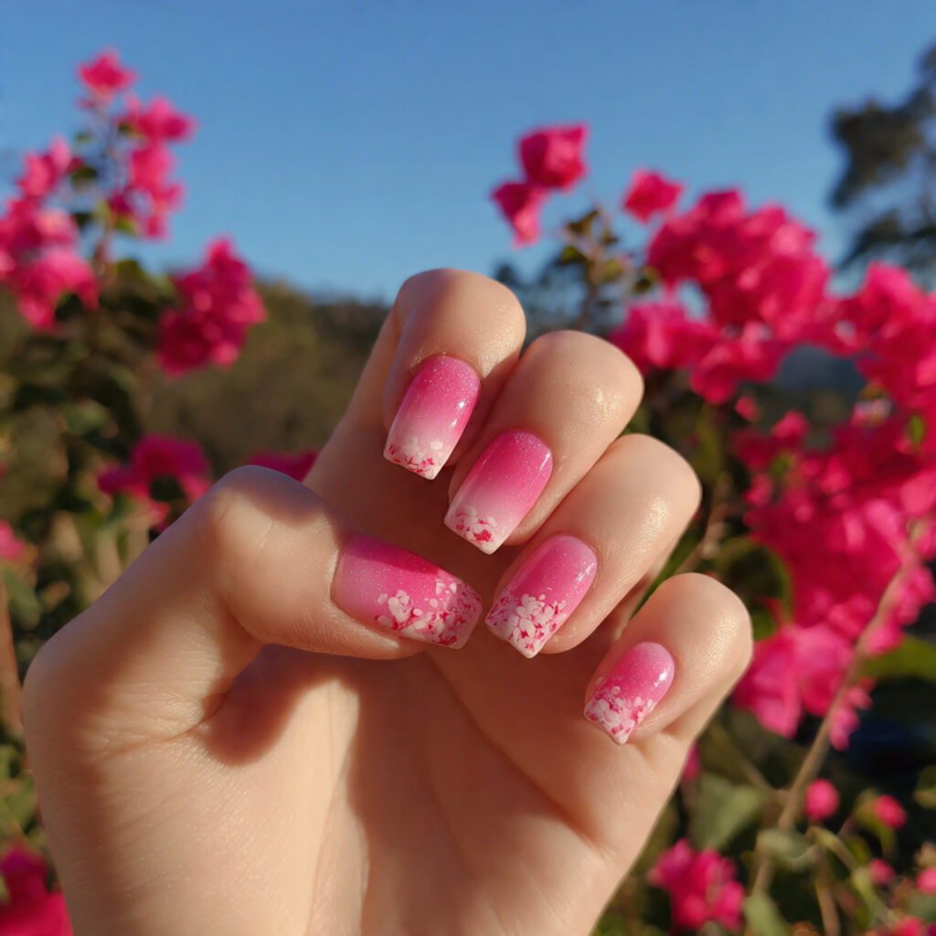 Pink and White Ombre Nails: Soft, Dreamy & Effortlessly Elegant Ideas 6 attractive floral pink ombre nails with outdoor ba