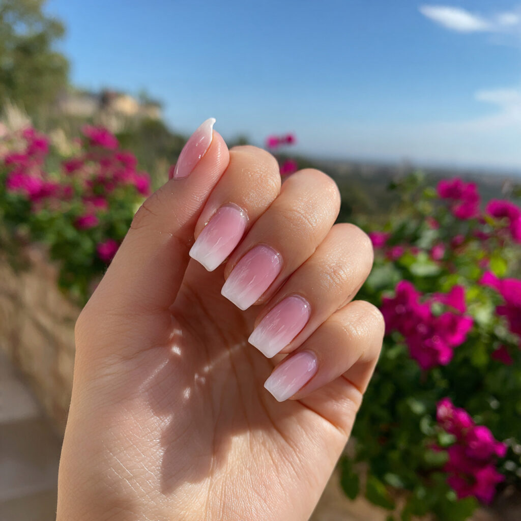 Pink and White Ombre Nails: Soft, Dreamy & Effortlessly Elegant Ideas 4 attractive french ombre short nails with outdoor b