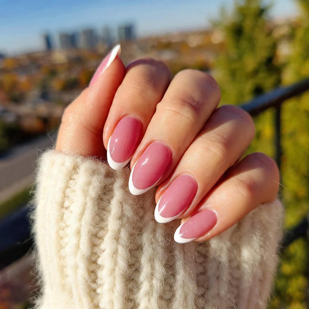 attractive french tip almond nails with outdoor ba