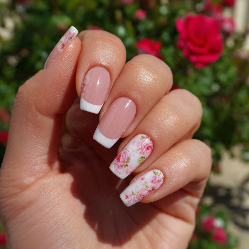 attractive french tip blooming gel nails with outd