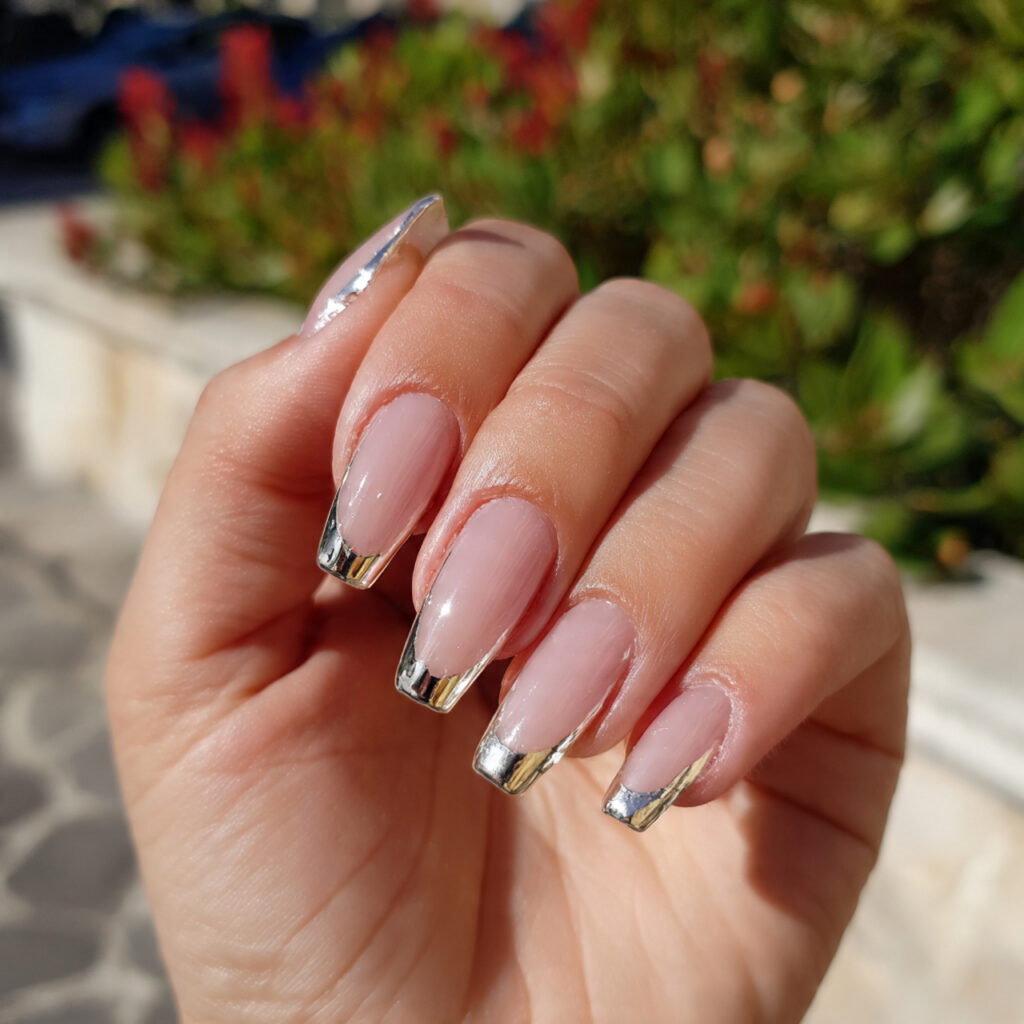 Nail Inspo Chrome: Glossy, Glazed & Next-Level Aesthetic Looks 7 attractive french tip chrome nails with outdoor ba