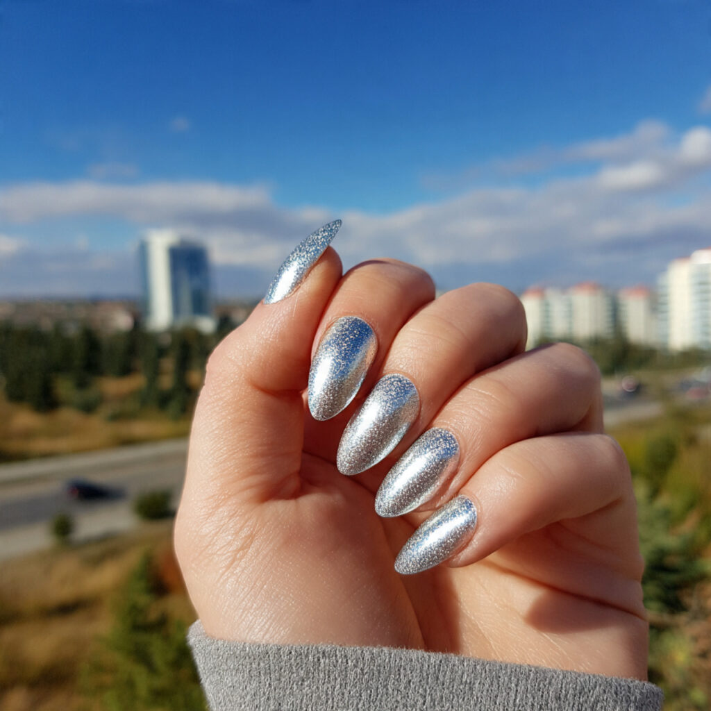 Nail Inspo January: Cozy, Fresh Nail Ideas to Start the Year Beautifully 6 attractive frosted chrome nails with outdoor backg