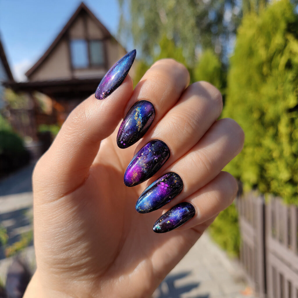 Nail Inspo Cat Eye: Magnetic Glow & Mesmerizing Shine 12 attractive galaxy cat eye nails with outdoor backg