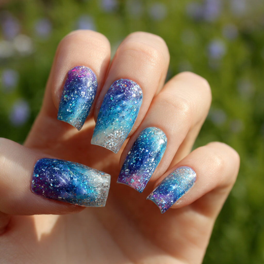 Nail Inspo Maximalist: Bold, Extra & Unapologetically Glam 10 attractive galaxy glitter nails with outdoor backg