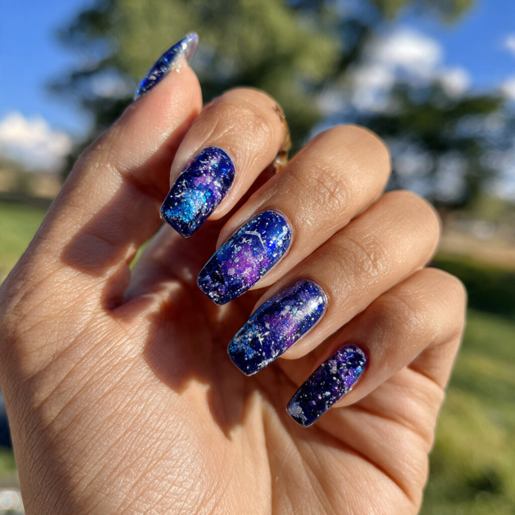 Nail Inspo Navy Blue: 14 Chic & Dreamy Designs You’ll Love 7 attractive galaxy navy nails with outdoor backgrou