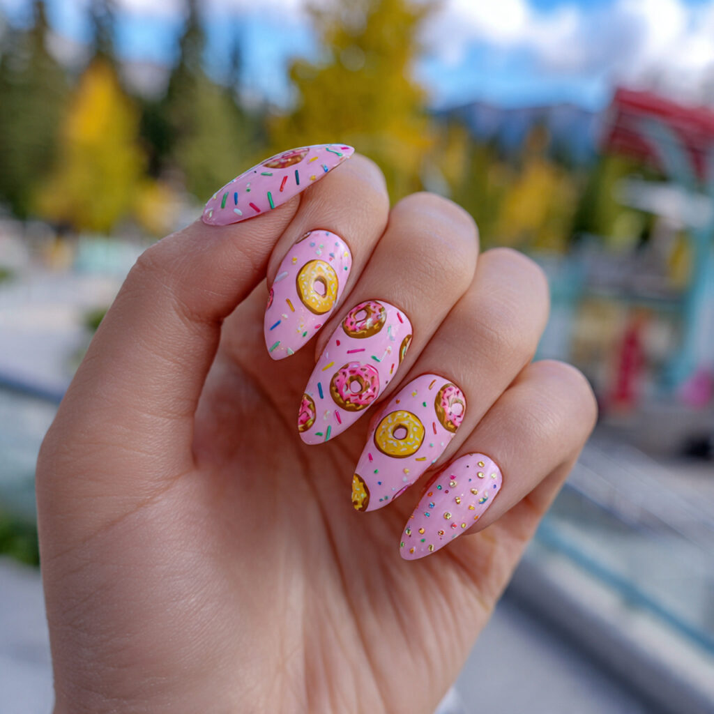 attractive glazed donut almond nails with outdoor