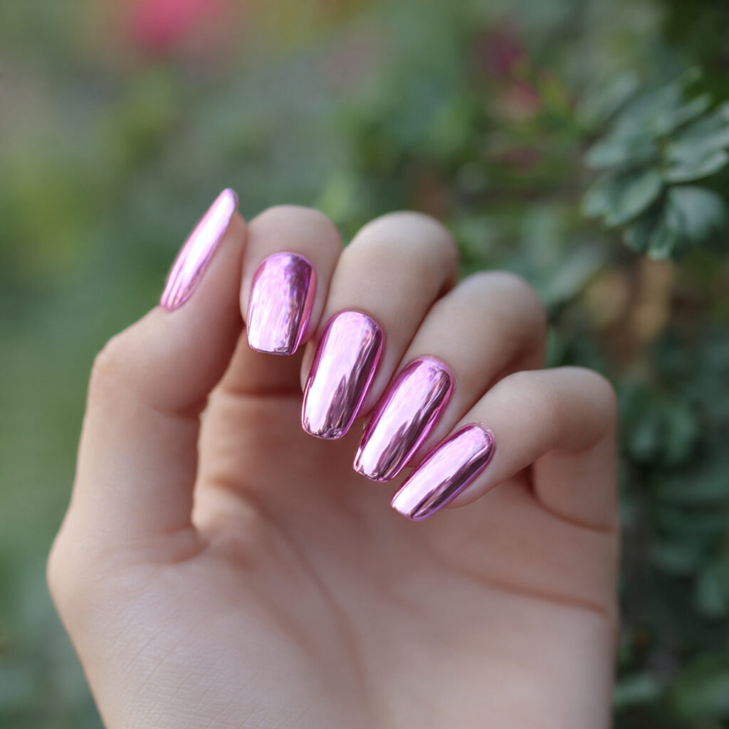 Nail Inspo Chrome: Glossy, Glazed & Next-Level Aesthetic Looks 1 attractive glazed pink chrome nails with outdoor b