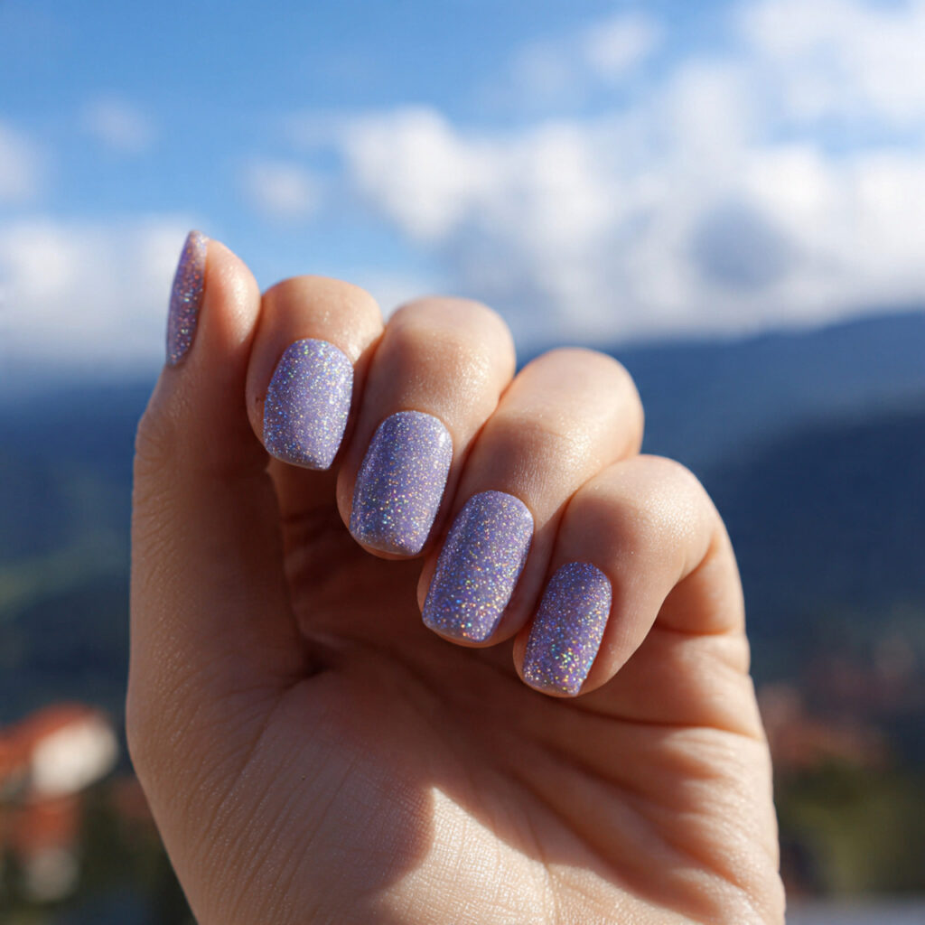 attractive glitter accent nails with outdoor backg