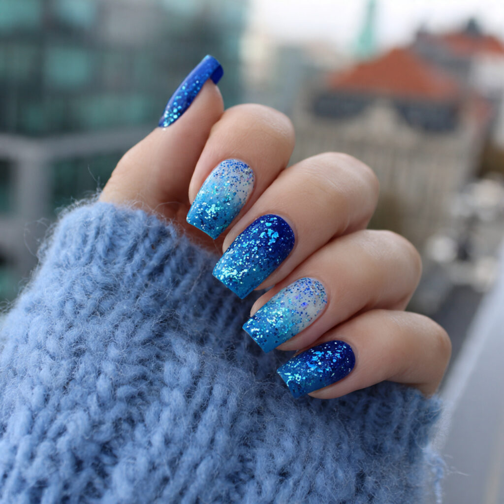 Short Nails Winter: Cozy, Chic & Effortlessly Cute 9 attractive glitter fade winter nails with outdoor
