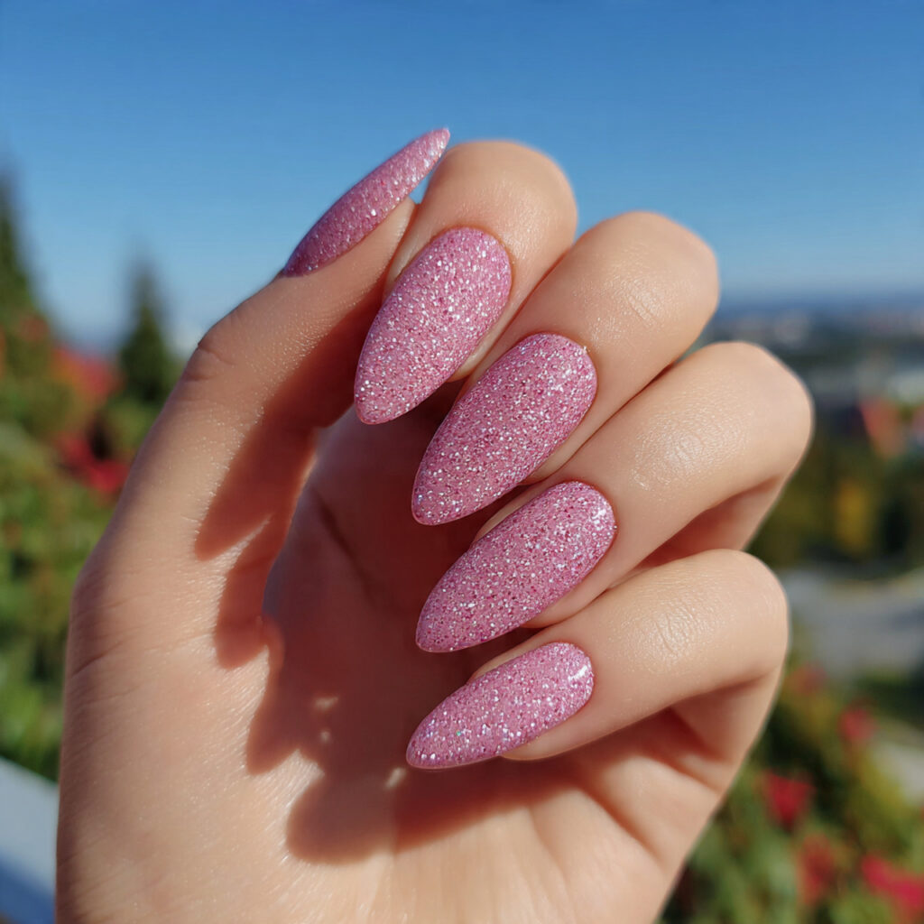 Pink Nude Nails: 12 Soft, Elegant & Effortlessly Addictive 10 attractive glitter pink nails with outdoor backgro